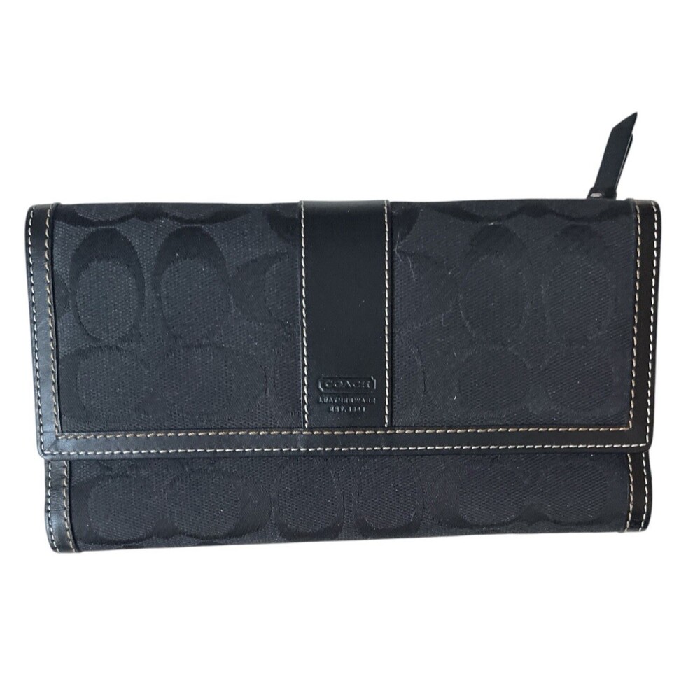 Coach Signature C Jacquard Leather Trim Black Trifold Wallet 8 x 4-1/4"